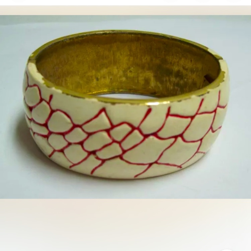 Vintage LANVIN PARIS Red & White Enamel Hinged Wide Bracelet